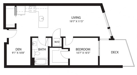Floor plan for 1 bed, 1 bath, 851 sqft